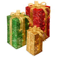 Pre-Lit Multicolor Gift Boxes, Set of Three, White Lights, Christmas Collection - National Tree Company