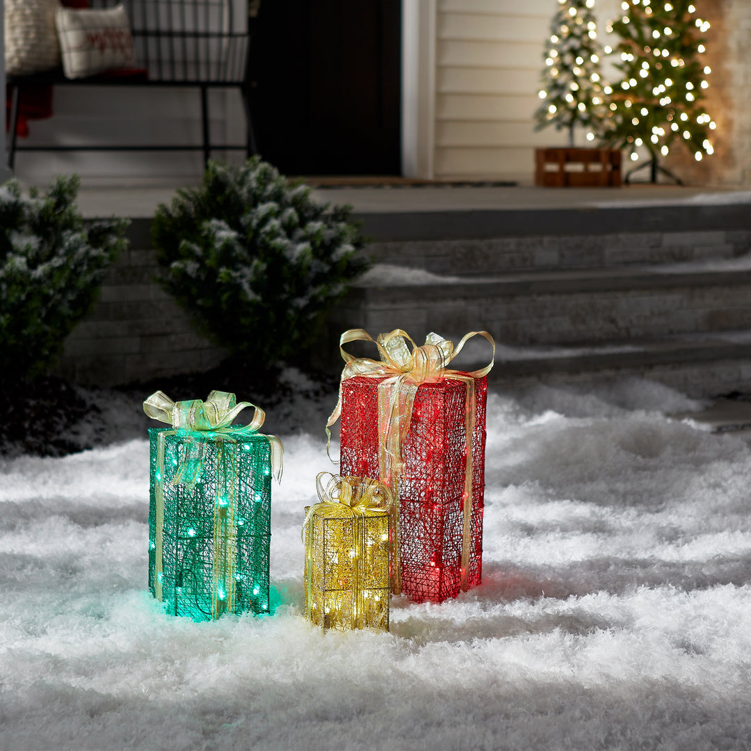 Pre-Lit Multicolor Gift Boxes, Set of Three, White Lights, Christmas Collection