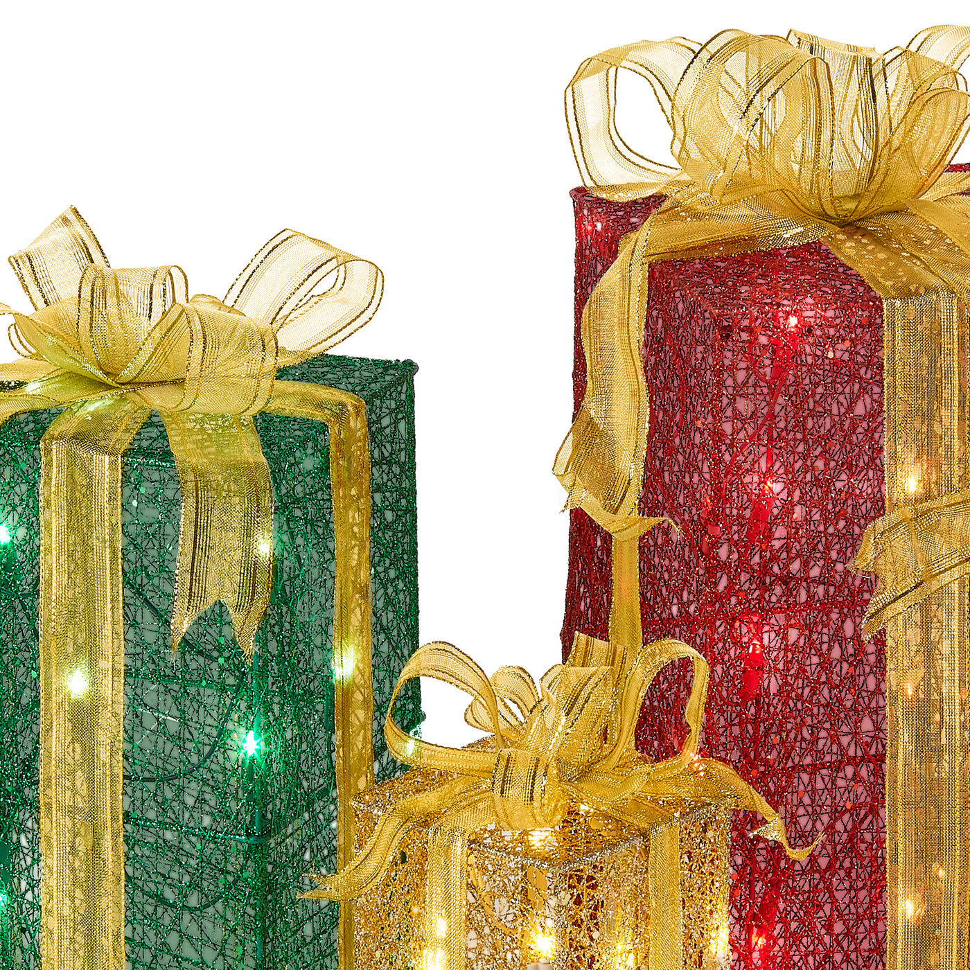 Pre-Lit Multicolor Gift Boxes, Set of Three, White Lights, Christmas Collection - National Tree Company