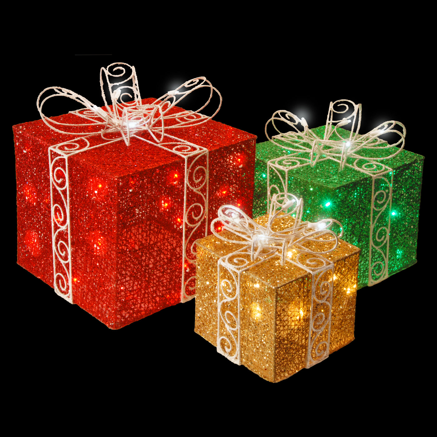 10 in., 12 in., 15 in. Gift Box Set with Bow and Twinkling LED Lights - National Tree Company