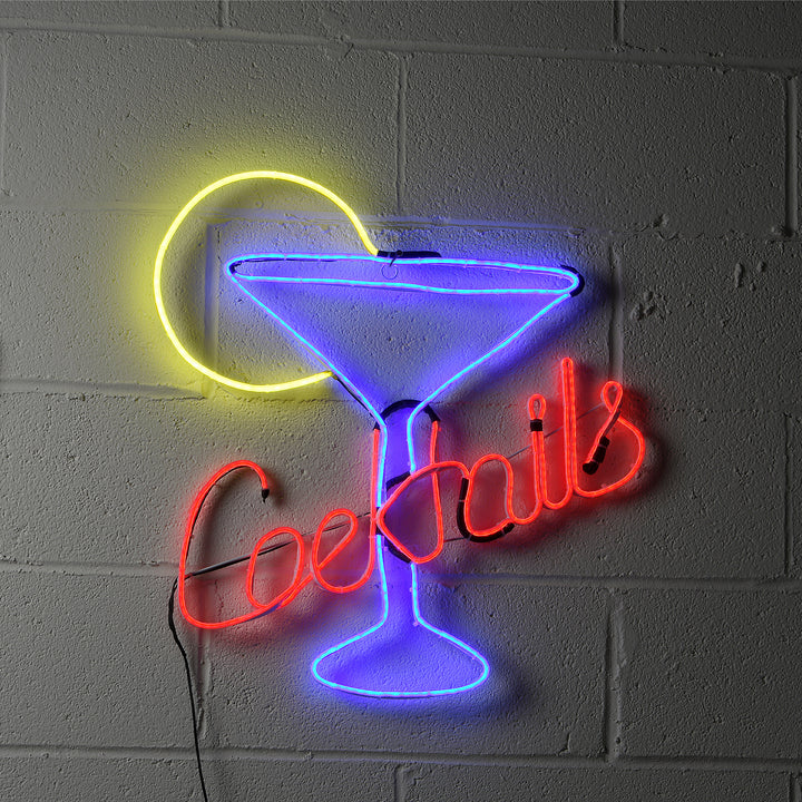 Pre-Lit Light Strip Cocktails Hanging Sign, Black, Decorated with LED Lights, Plug In, Spring Collection, 23 Inches