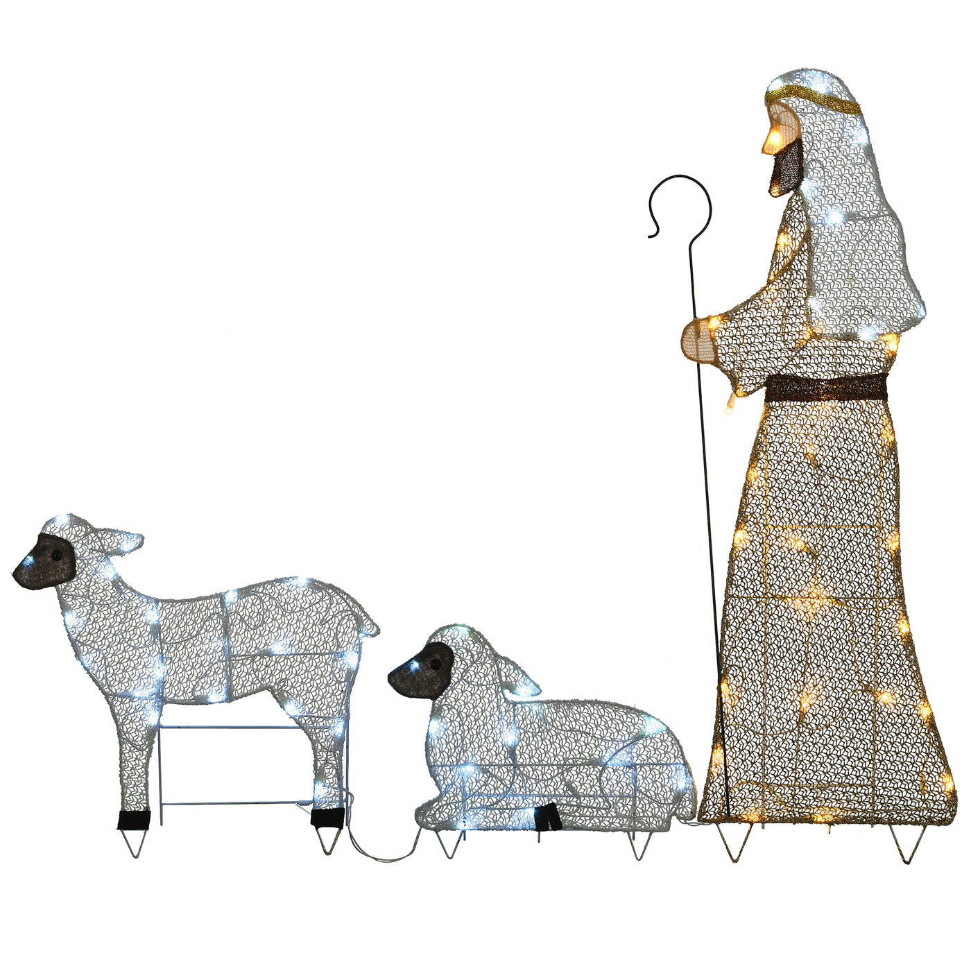 41 in., 18 in. and 12 in. Fabric Glitter Shepherd and Sheep Set with Warm and Cool White Steady LED Lights - National Tree Company