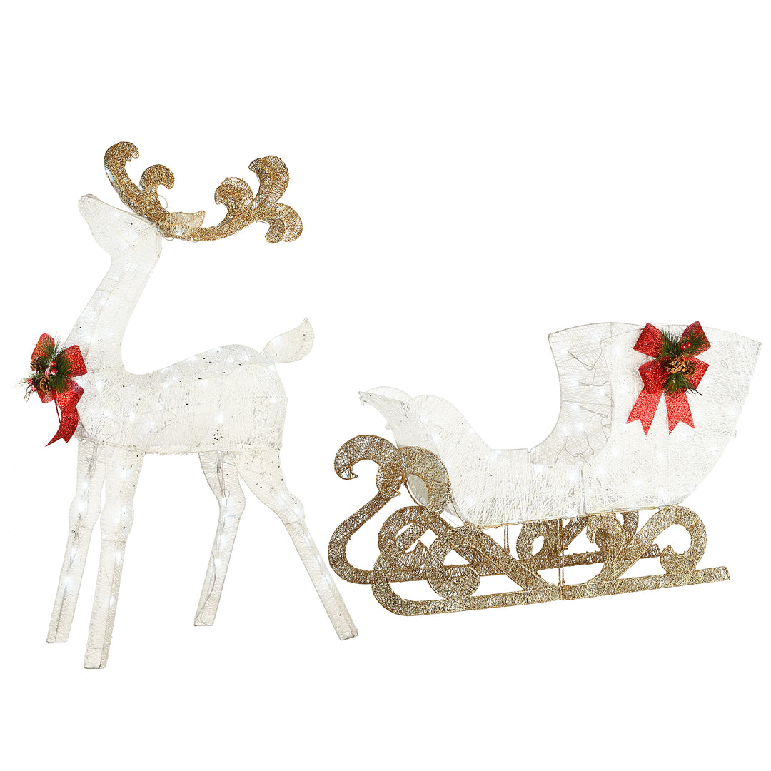 National Tree Company Pre Lit Sisal Reindeer and Sleigh Decoration, Cool White LED Lights, Plug In, Christmas Collection, 48 Inches