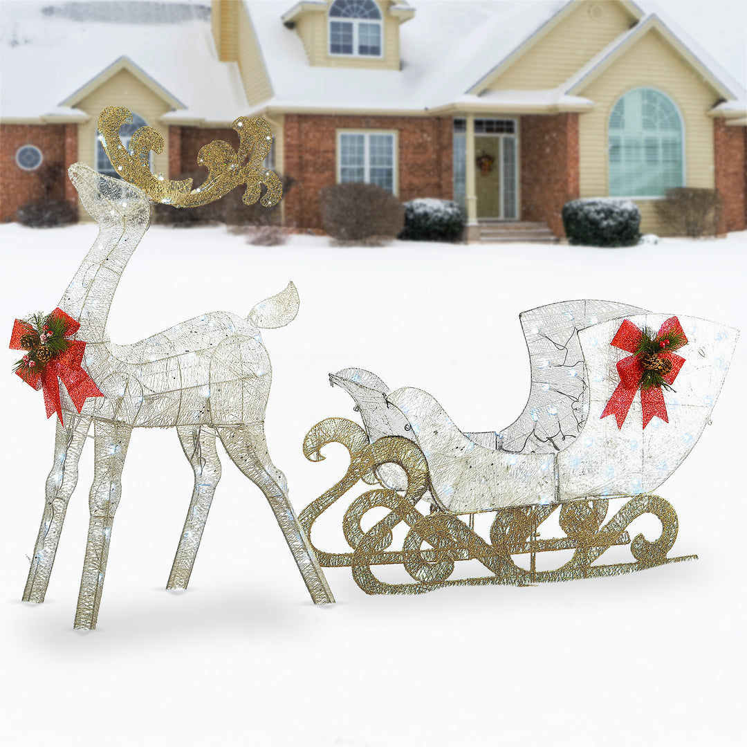 National Tree Company Pre Lit Sisal Reindeer and Sleigh Decoration, Cool White LED Lights, Plug In, Christmas Collection, 48 Inches