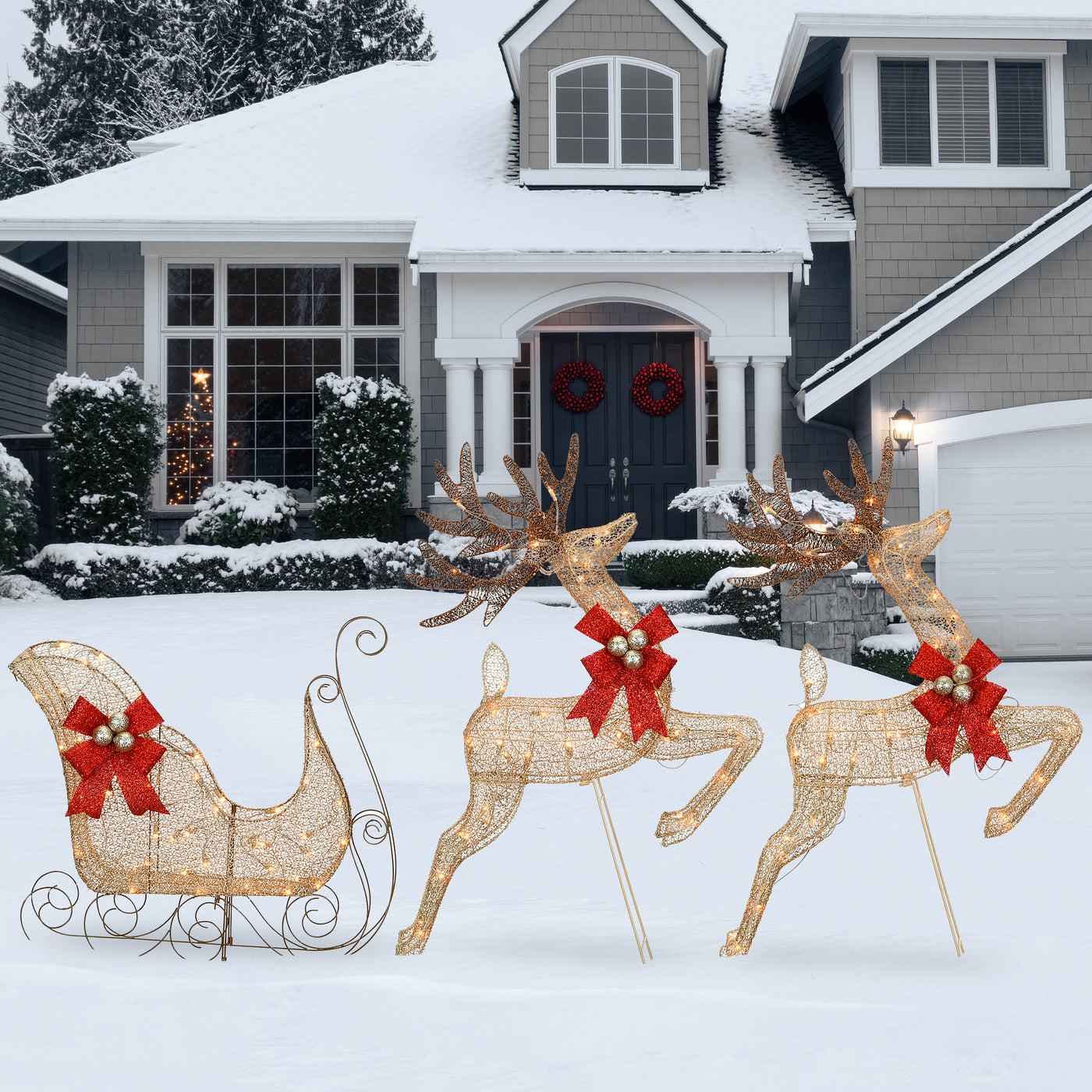 Champagne Reindeer and Sleigh with Clear Lights - National Tree Company