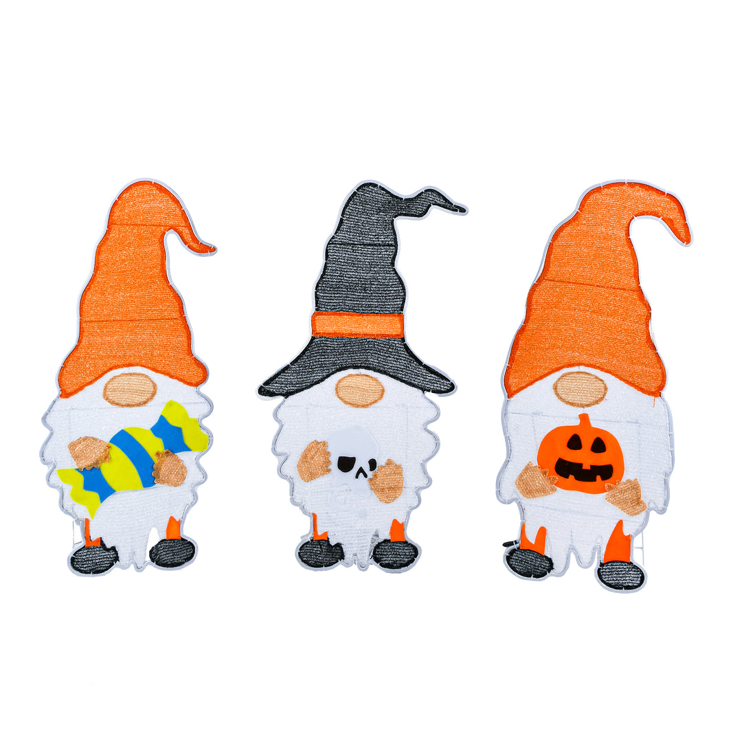 Halloween Pre Lit Lawn Decoration, Orange, Gnome Trio, LED Lights, Includes Garden Stakes, 30 Inches