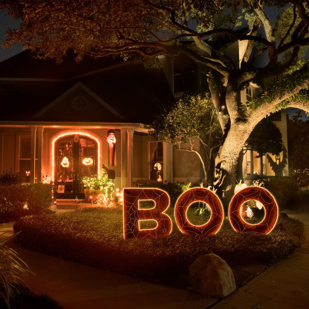Halloween Pre Lit Lawn Decoration, Orange, 'BOO', LED Lights, Includes Garden Stakes, 47 Inches