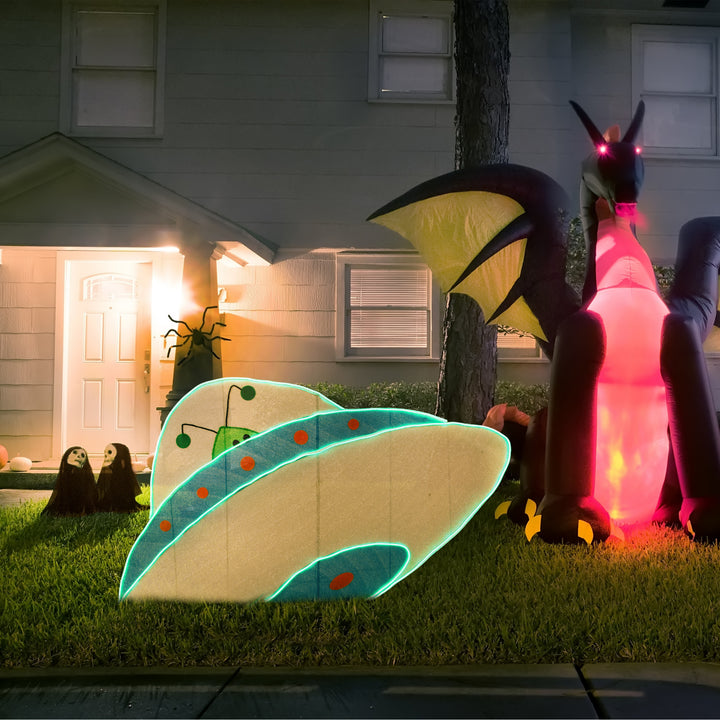 Halloween Pre Lit Lawn Decoration, Green, Alien Spaceship, LED Lights, Includes Garden Stakes, 35 Inches