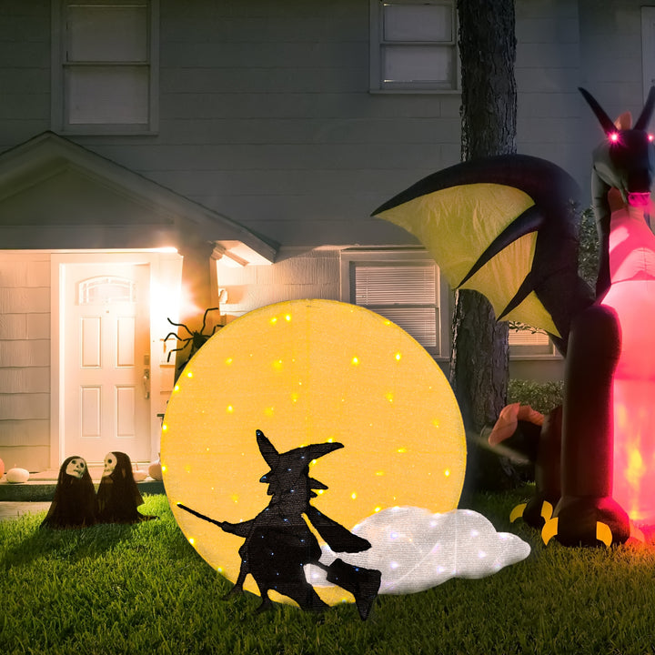 Halloween Garden Stake Lawn Decoration, Black, Moon and Flying Witch, LED Lights, Plug In, 41 Inches