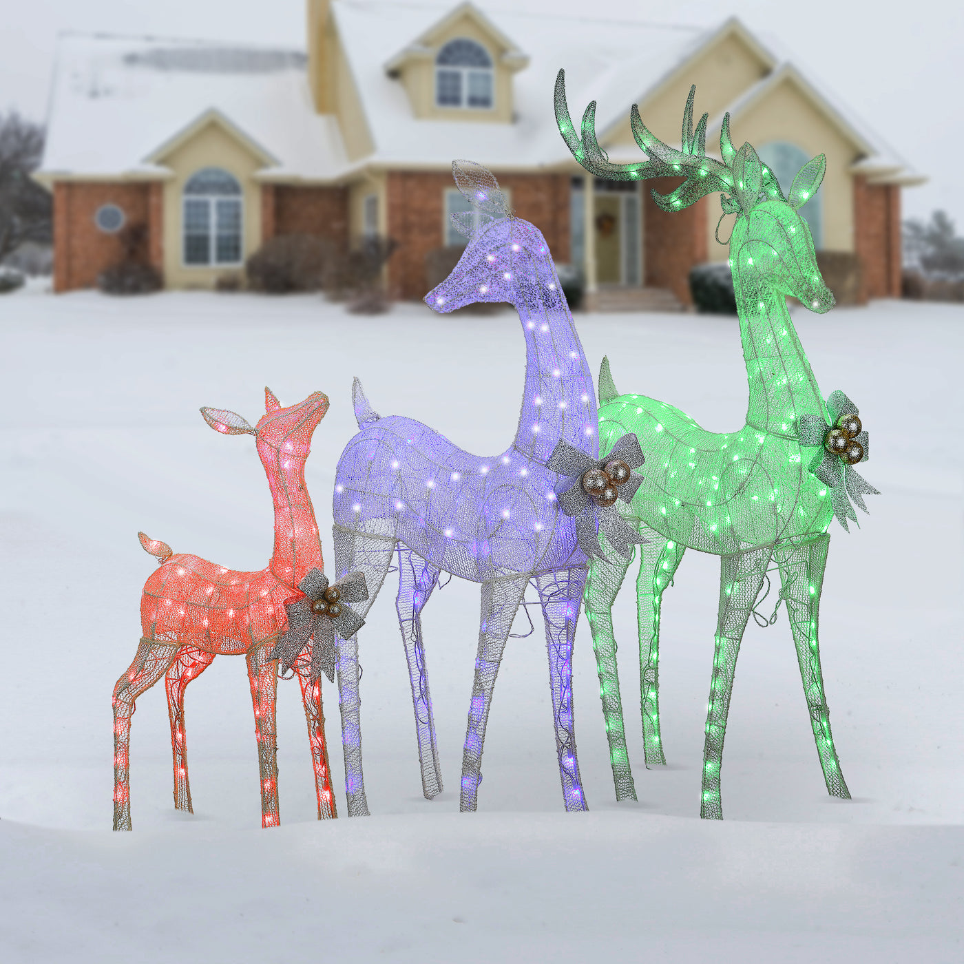 36 in., 52 in. and 60 in. Mesh Glittered Deer Family with LED Lights - National Tree Company