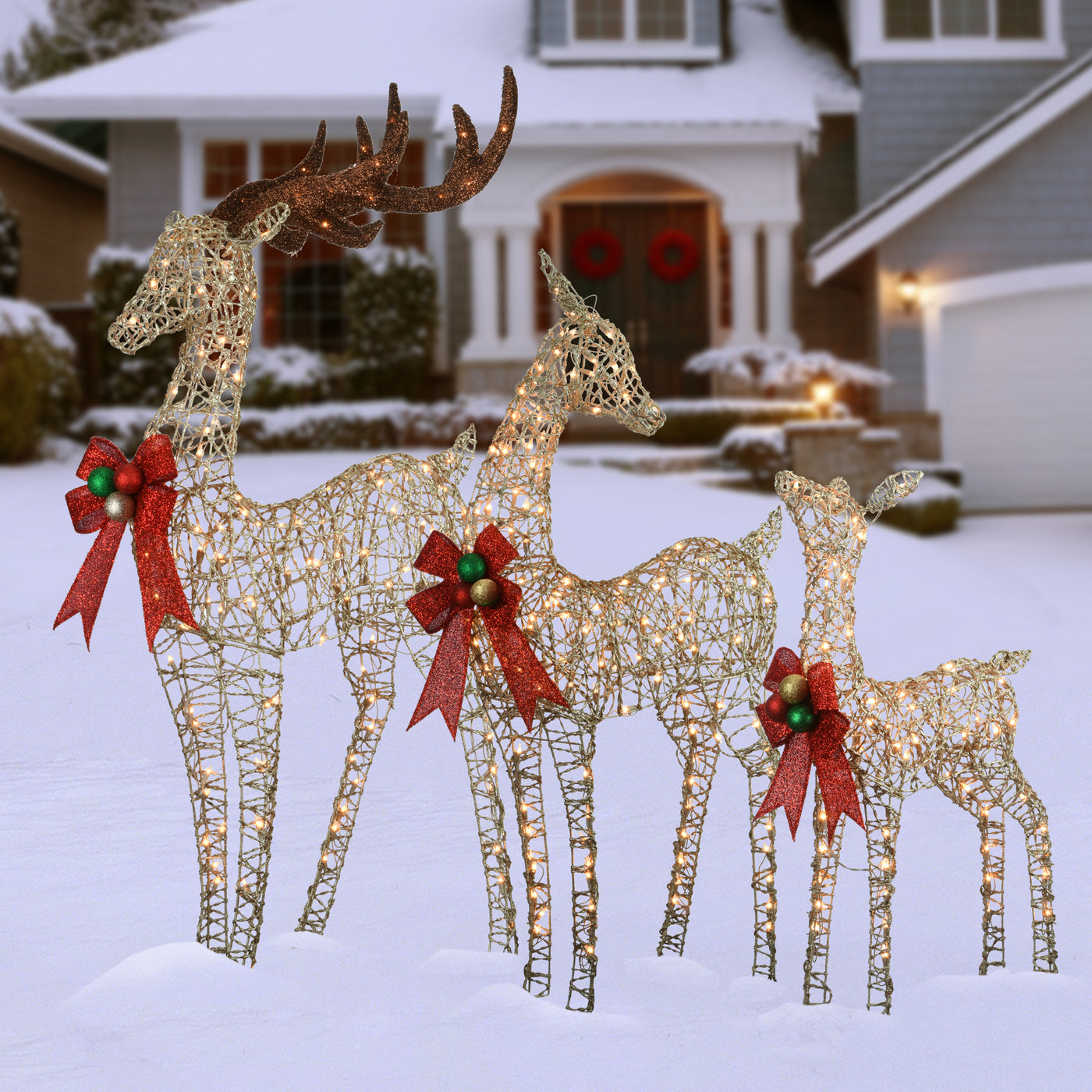 60 in., 52 in. and 36 in. Champagne Glitter Deer Family with 370 Warm White LED Lights - National Tree Company