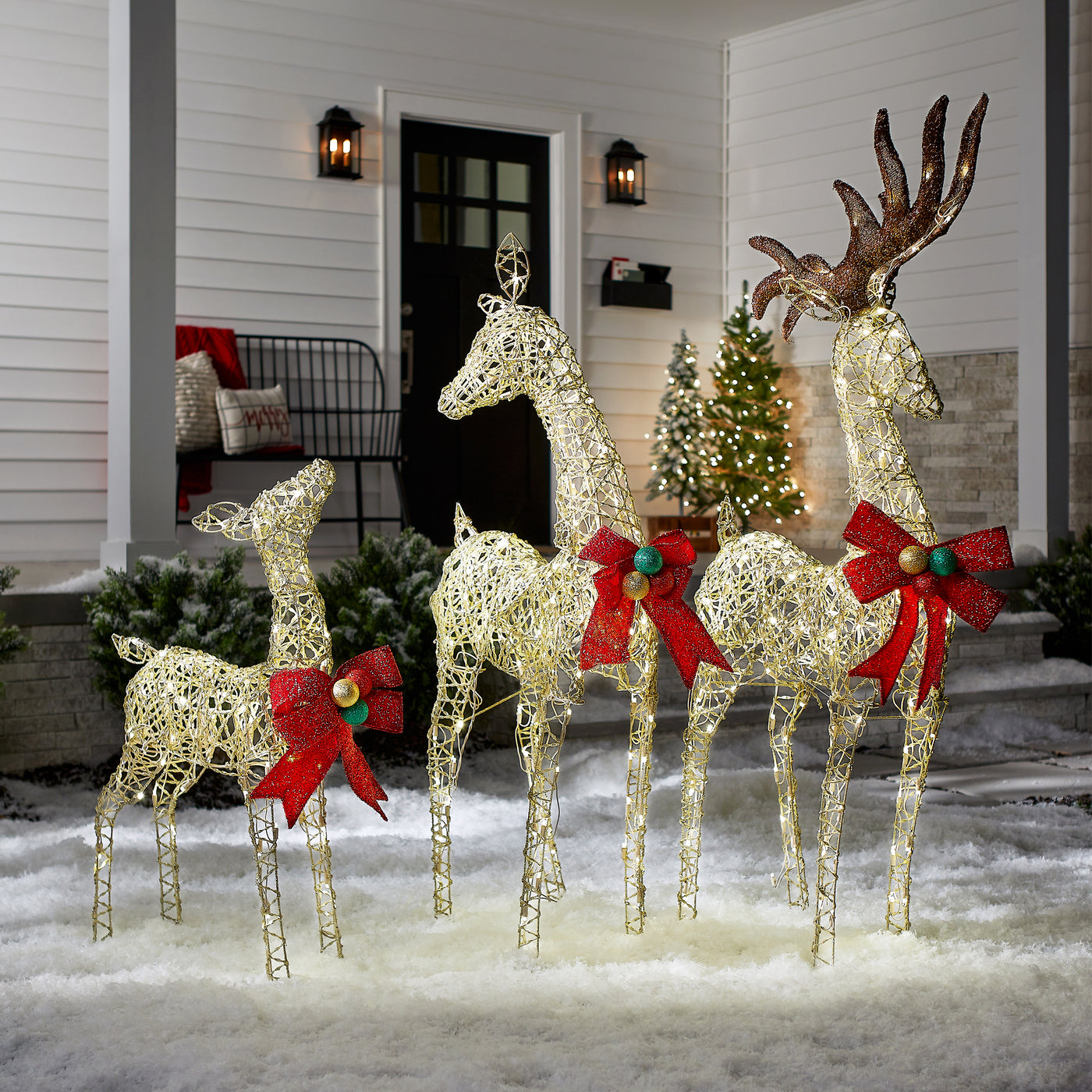 60 in., 52 in. and 36 in. Champagne Glitter Deer Family with 370 Warm White LED Lights - National Tree Company