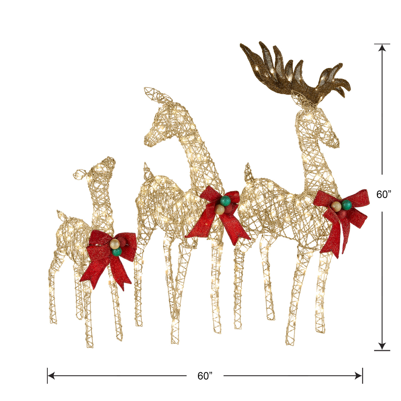 60 in., 52 in. and 36 in. Champagne Glitter Deer Family with 370 Warm White LED Lights - National Tree Company