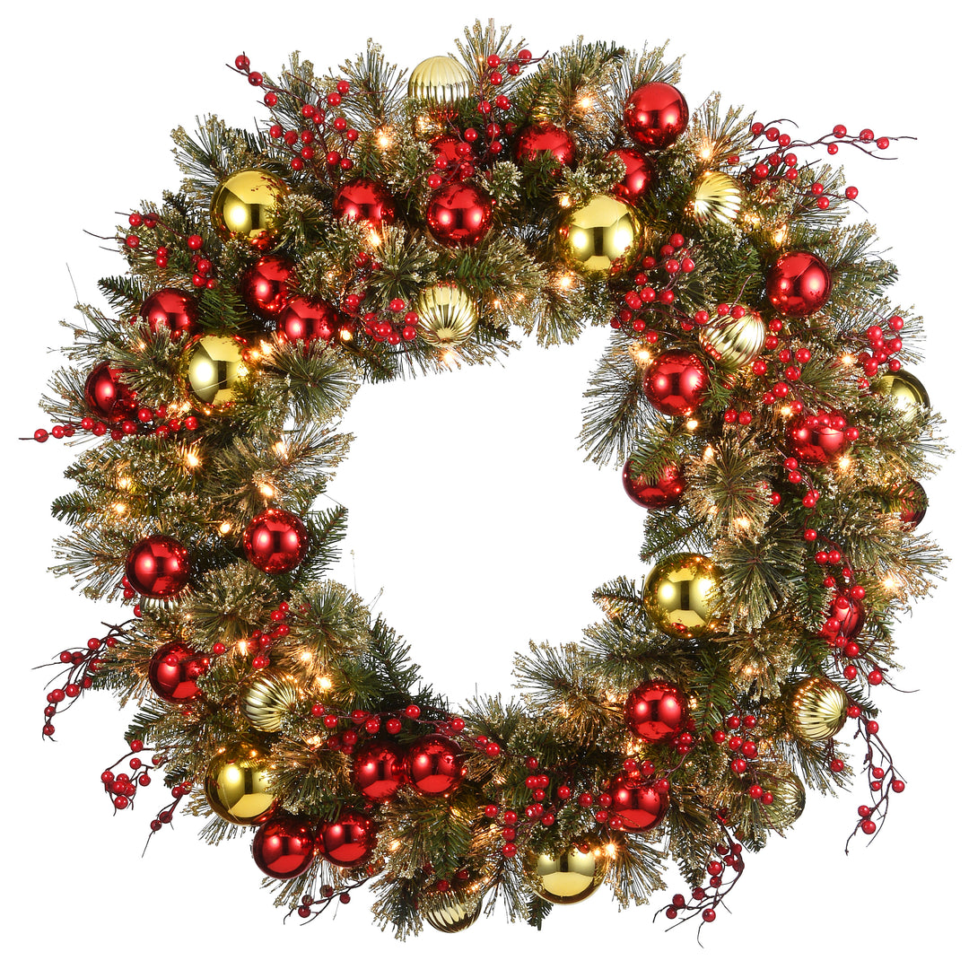 Pre-Lit Artificial Christmas Wreath, Green, Dakota Pine, White Lights, Decorated with Ball Ornaments, Berry Clusters, Branches, Christmas Collection, 30 Inches
