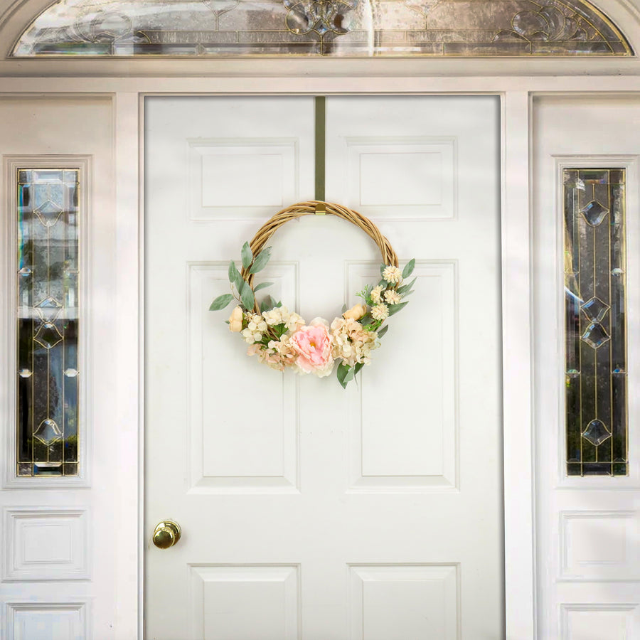 19 in. Spring Hoop Wreath with Wild Rose and Peony Flowers