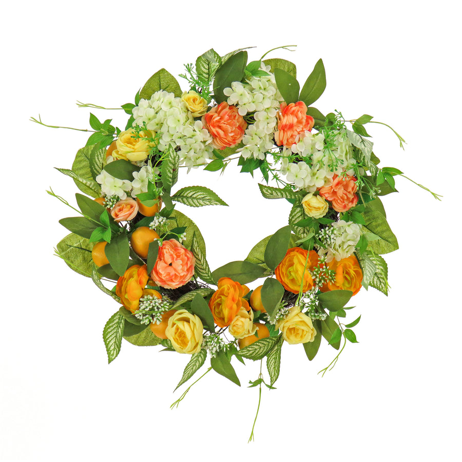 24 in. Spring Wreath with Lemons, Hydrangeas, Ranunculus and Buttercups - National Tree Company