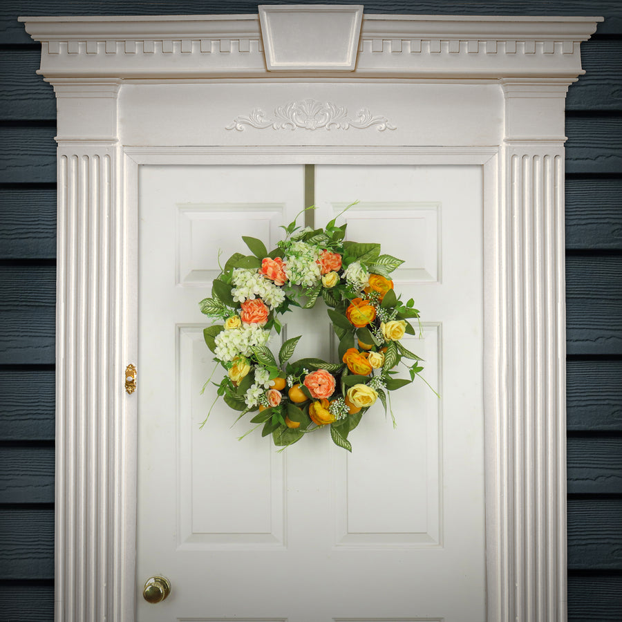 24 in.Spring Wreath with Ranunculus, Hydrangea and Lemon