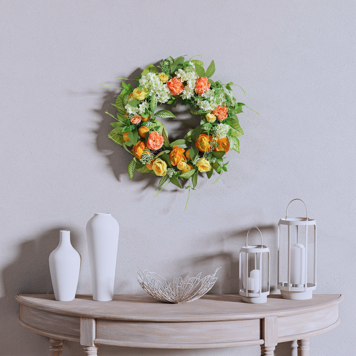 24 in. Spring Wreath with Lemons, Hydrangeas, Ranunculus and Buttercups - National Tree Company
