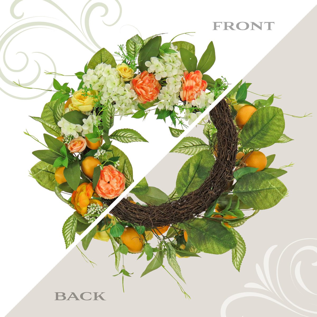 24 in. Spring Wreath with Lemons, Hydrangeas, Ranunculus and Buttercups - National Tree Company