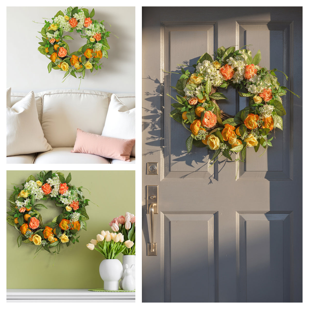 24 in. Spring Wreath with Lemons, Hydrangeas, Ranunculus and Buttercups - National Tree Company