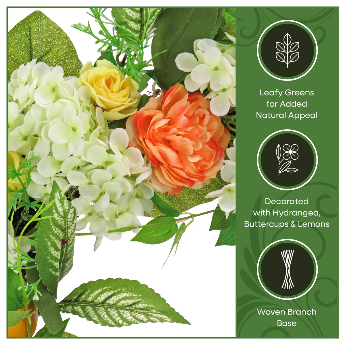 24 in. Spring Wreath with Lemons, Hydrangeas, Ranunculus and Buttercups - National Tree Company