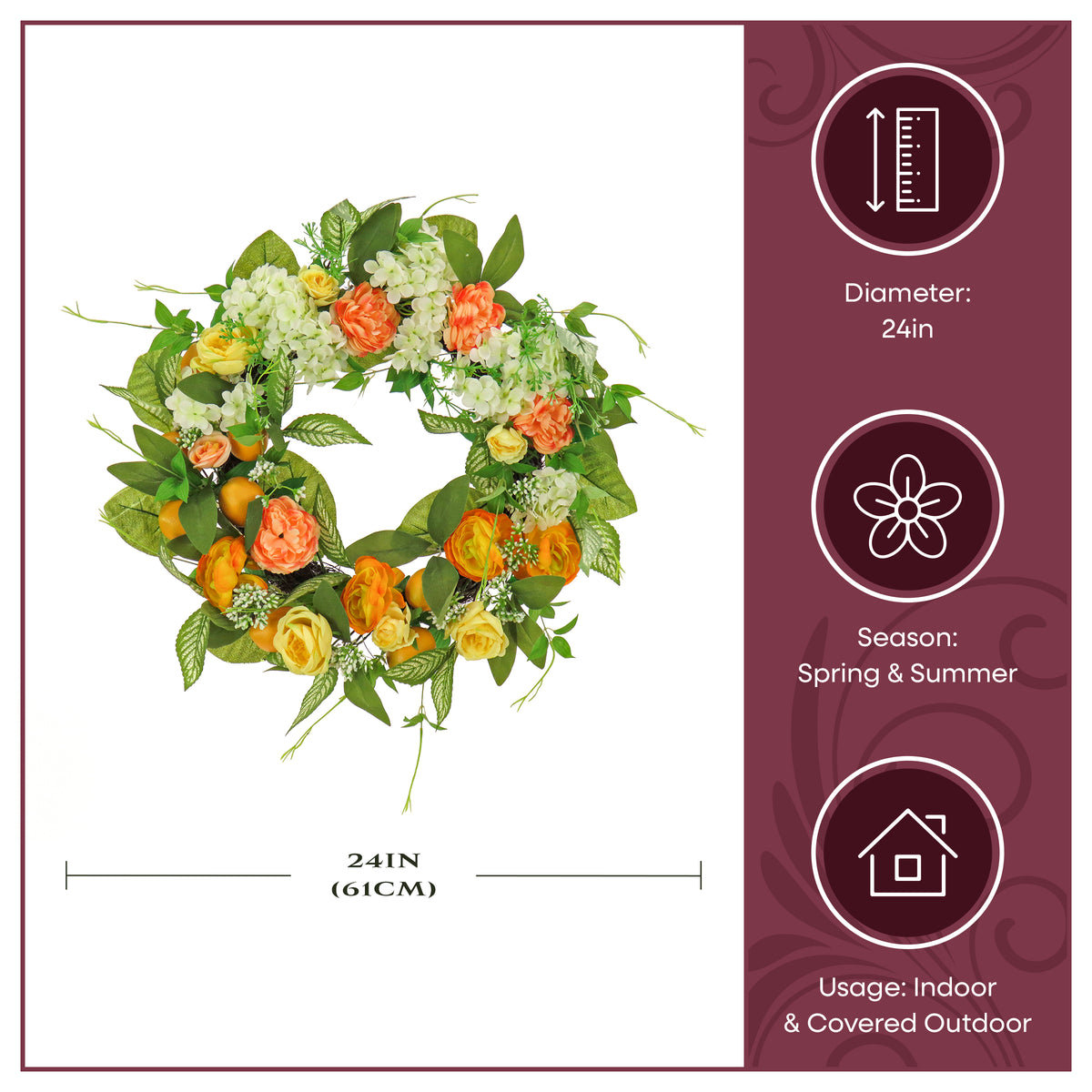 24 in. Spring Wreath with Lemons, Hydrangeas, Ranunculus and Buttercups - National Tree Company