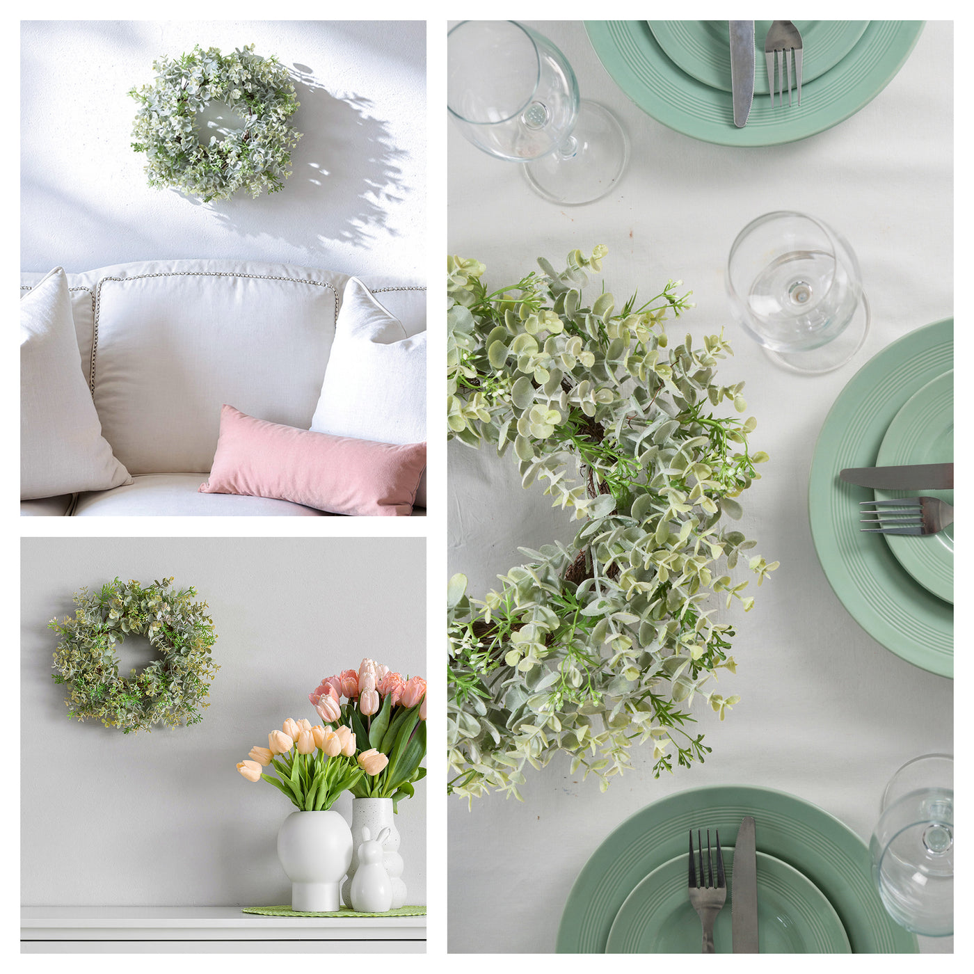 14 in. Spring Table Wreath with Eucalyptus Leaf Stems and Woven Branch Base - National Tree Company