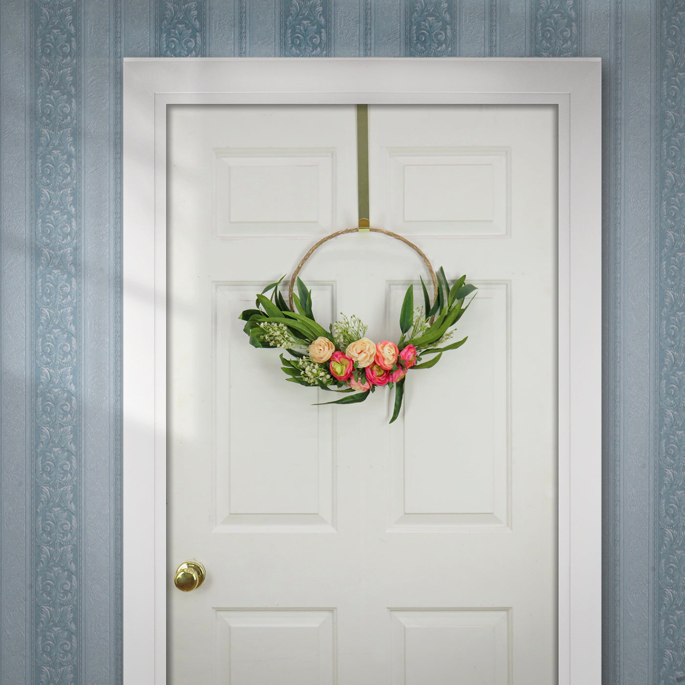 16 in. Spring Hoop Wreath with Ranunculus, Gypsophila and Eucalyptus - National Tree Company