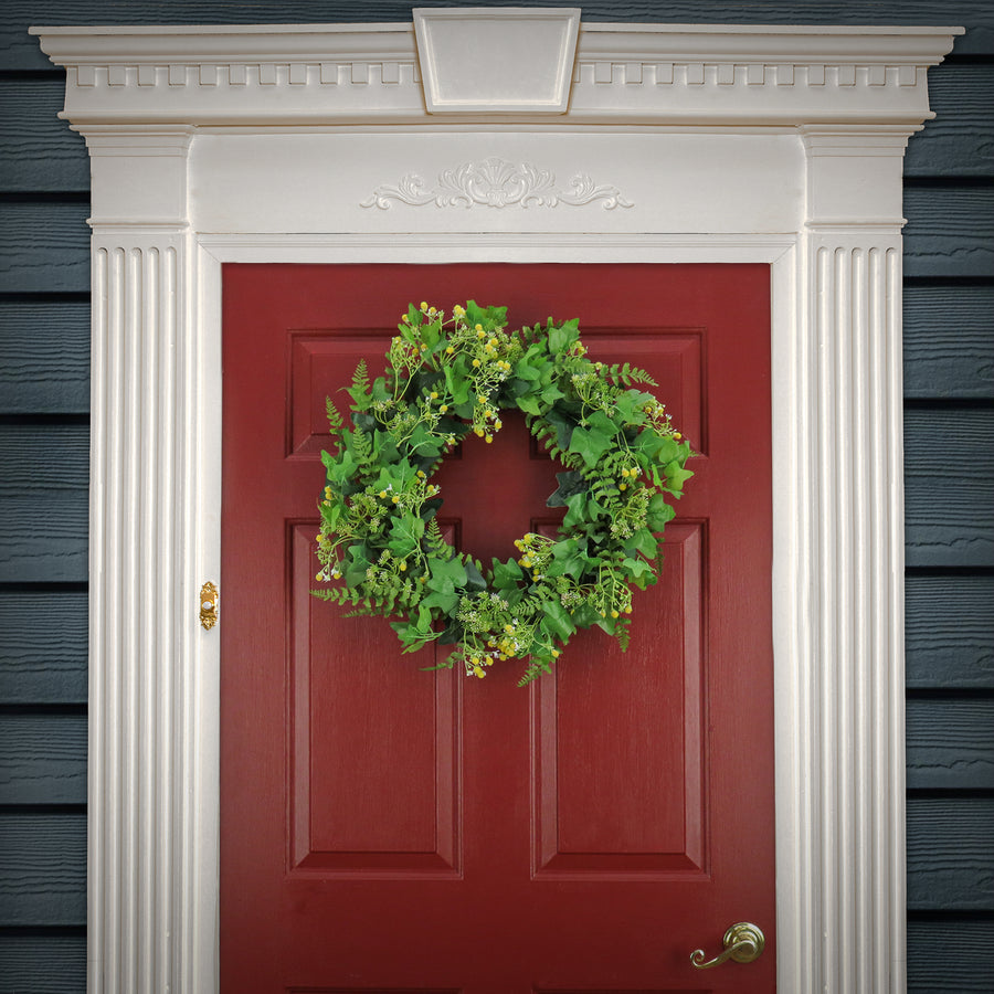24 in. Spring Wreath with Ivy, Fern Leaves, Seed Pods, and Flowing Green Stems