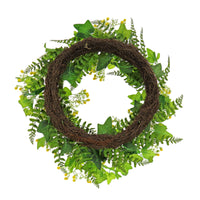 24 in. Spring Wreath with Ivy and Fern Leaves, Seed Pods, Flowing Green Stems - National Tree Company