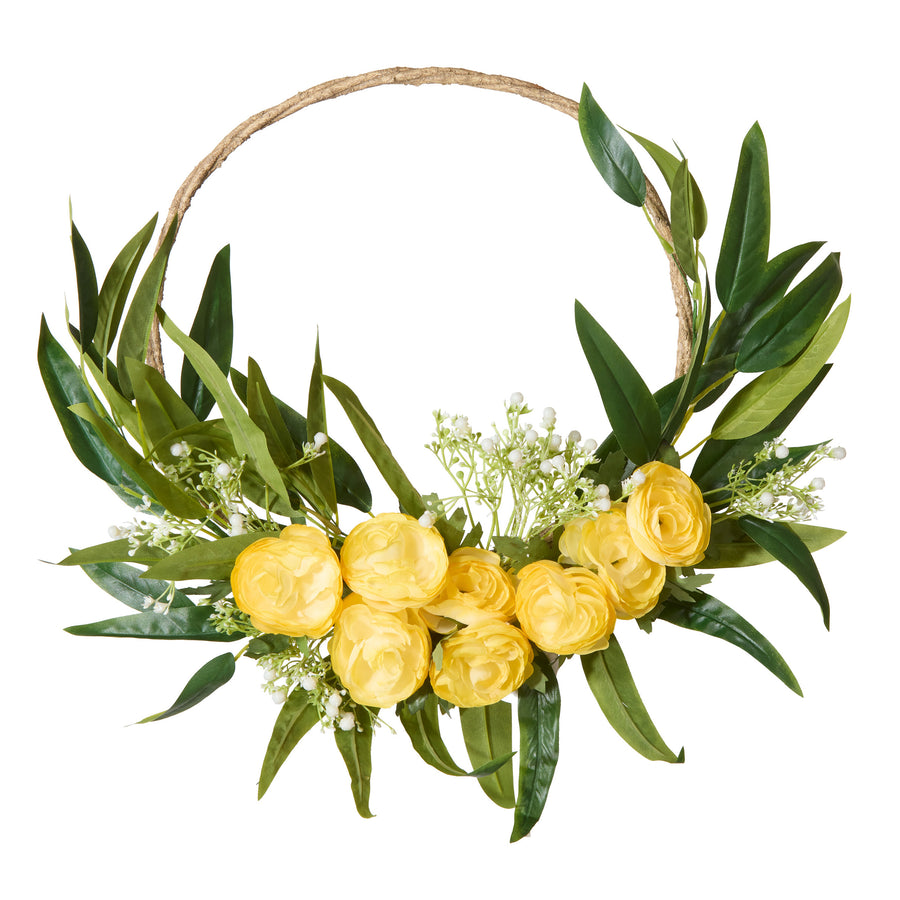 16 in. Spring Hoop Wreath with Buttercup Blooms, Baby’s Breath, and Flowing Green Stems - National Tree Company