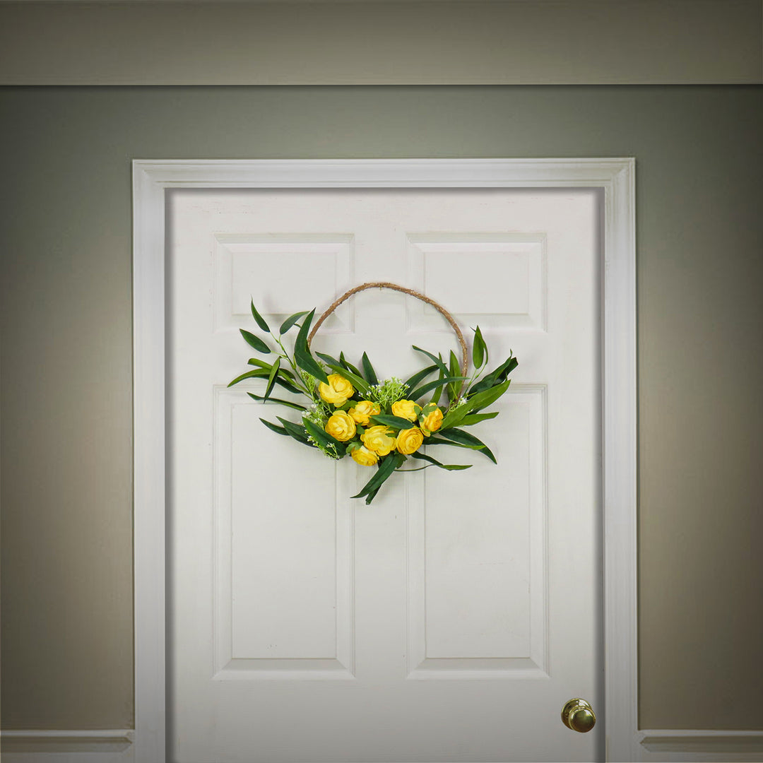 Artificial Wreath Decoration, Yellow, Thick Stem Base, Decorated with Buttercup Blooms, Baby's Breath, Flowing Green Stems, Spring Collection, 16 Inches