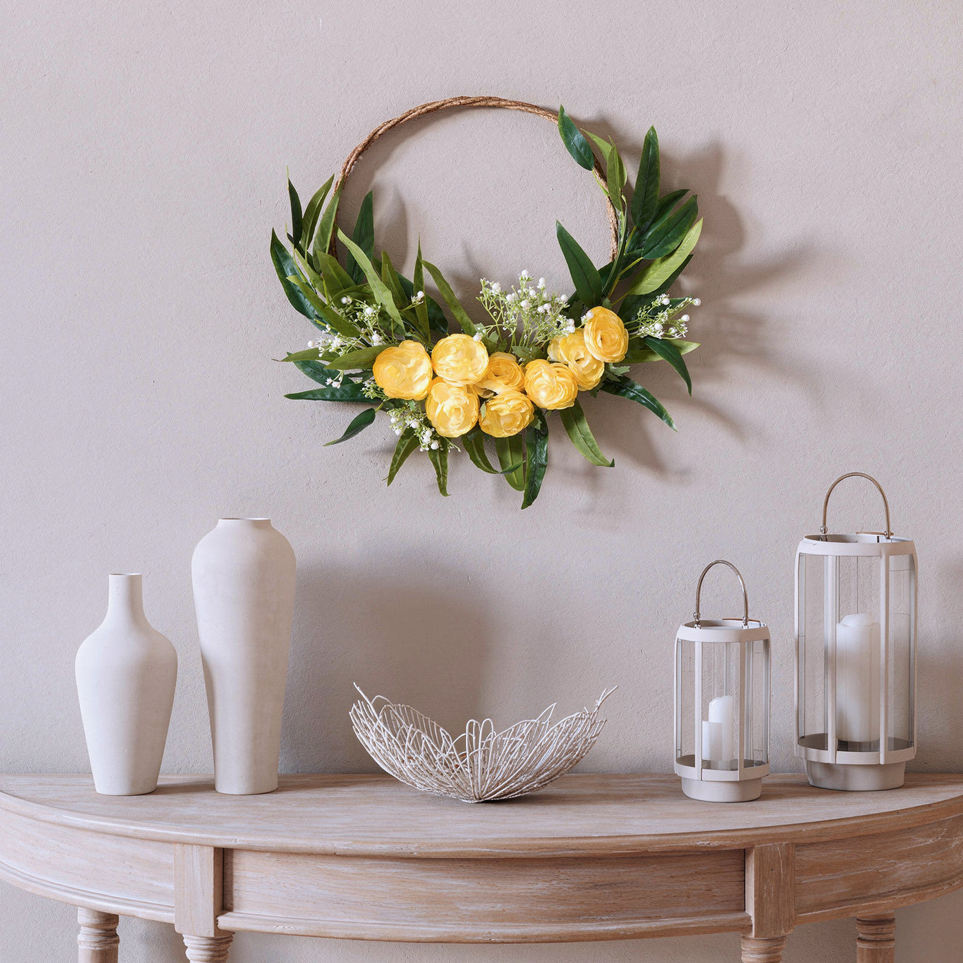 16 in. Spring Hoop Wreath with Buttercup Blooms, Baby’s Breath, and Flowing Green Stems - National Tree Company