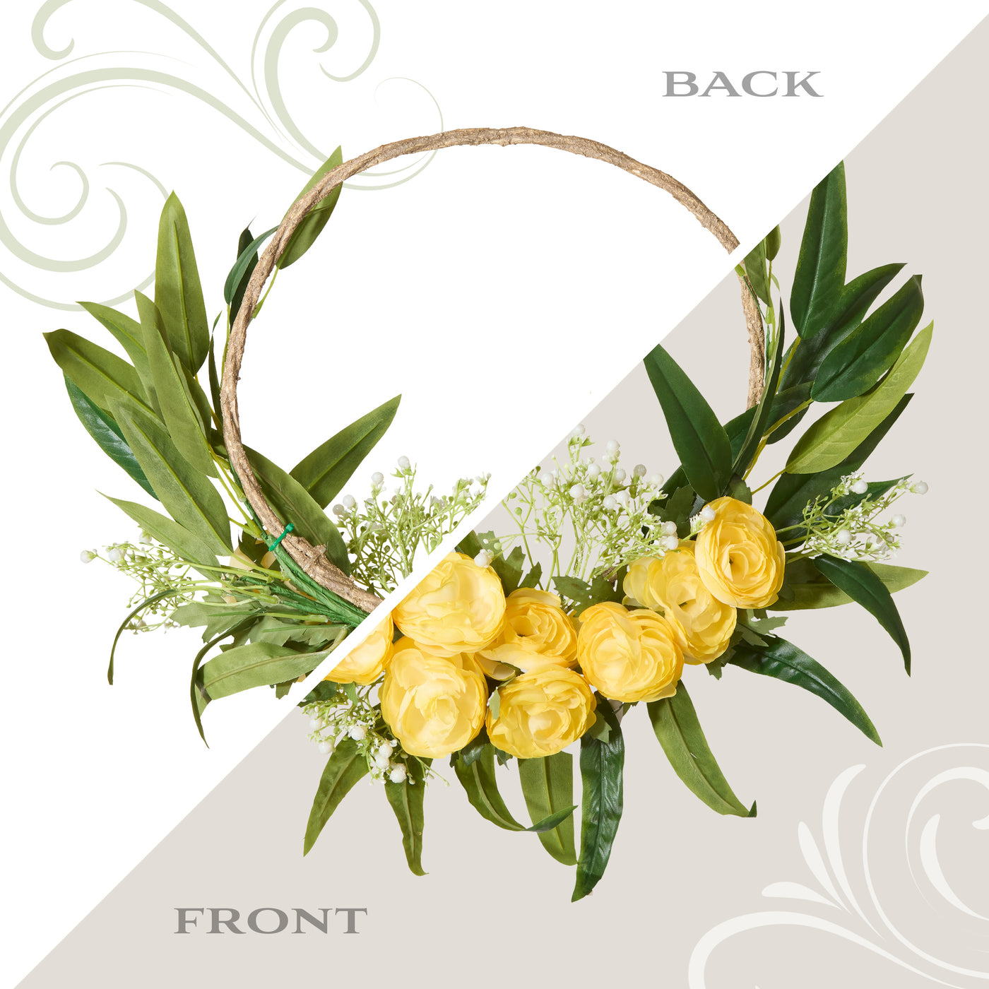 16 in. Spring Hoop Wreath with Buttercup Blooms, Baby’s Breath, and Flowing Green Stems - National Tree Company