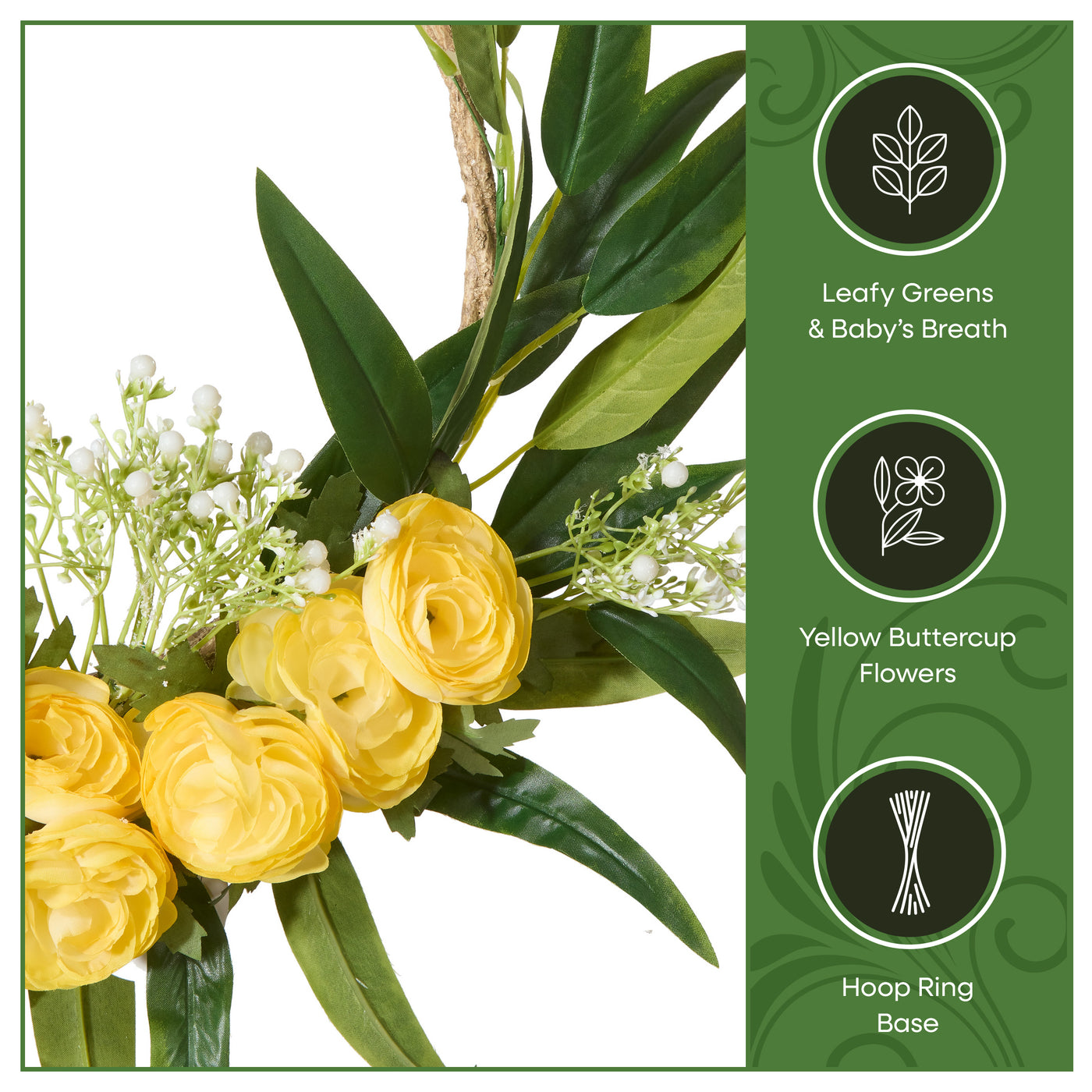 16 in. Spring Hoop Wreath with Buttercup Blooms, Baby’s Breath, and Flowing Green Stems - National Tree Company