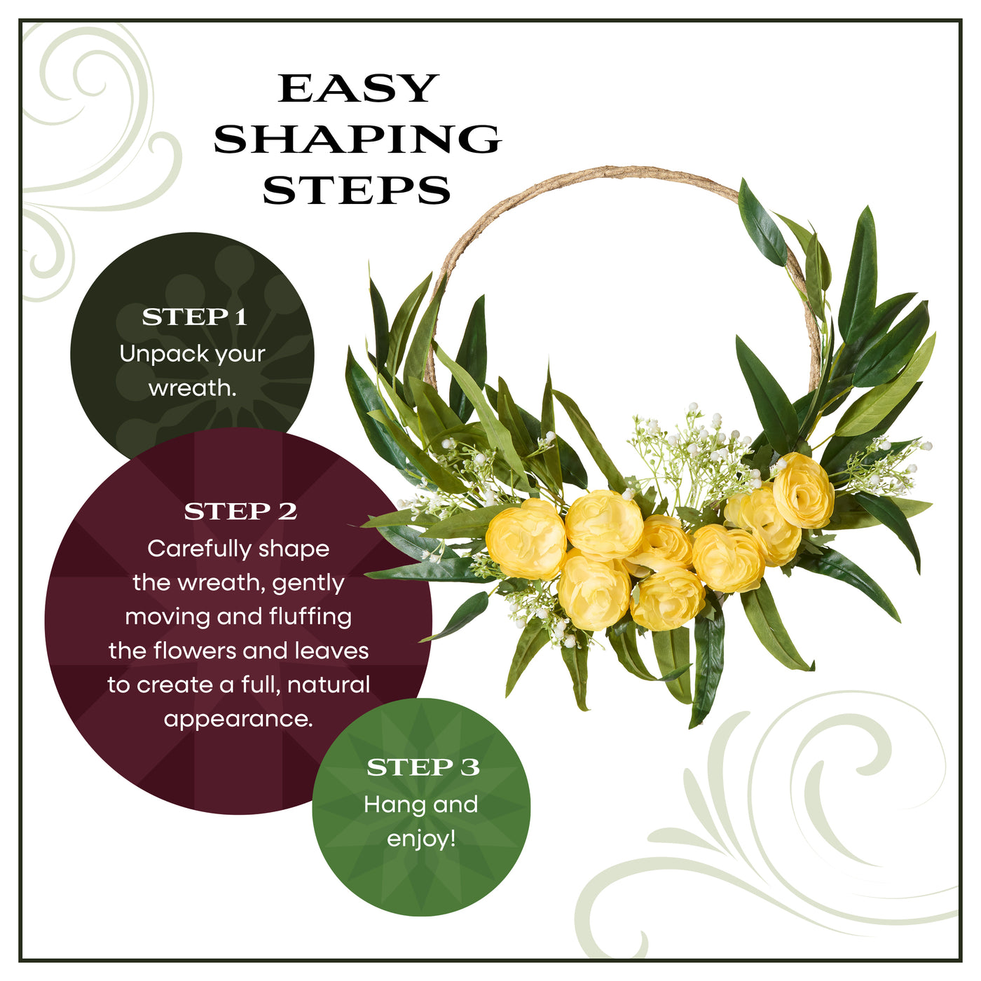 16 in. Spring Hoop Wreath with Buttercup Blooms, Baby’s Breath, and Flowing Green Stems - National Tree Company
