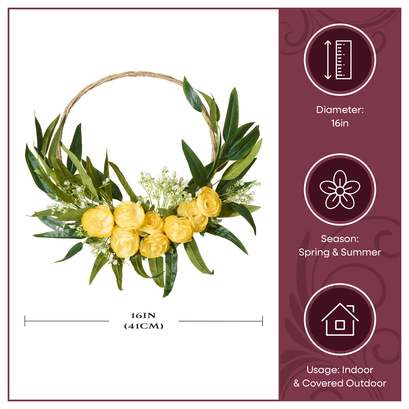 16 in. Spring Hoop Wreath with Buttercup Blooms, Baby’s Breath, and Flowing Green Stems - National Tree Company