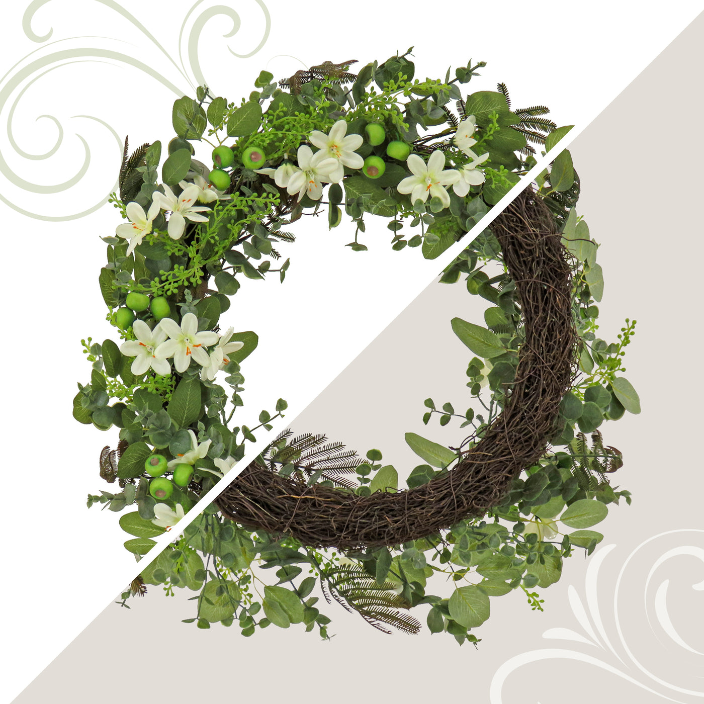 24 in. Spring Wreath with Mixed Flower Blooms and Flowing Green Stems - National Tree Company