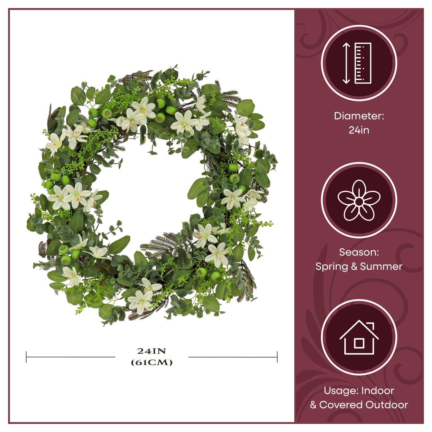 24 in. Spring Wreath with Mixed Flower Blooms and Flowing Green Stems - National Tree Company