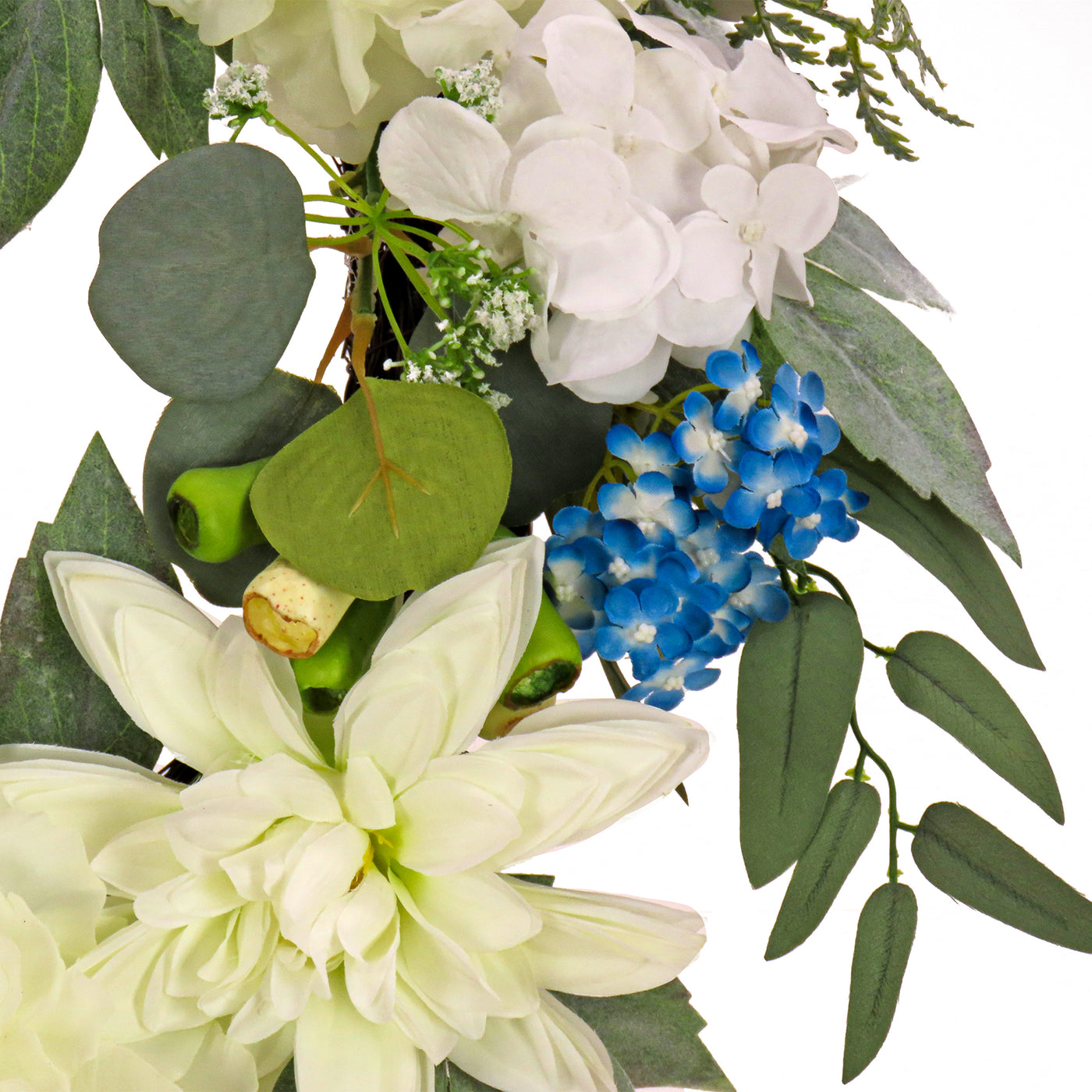 24 in. Spring Wreath with Dahlia, Peony and Hydrangea Blooms, Seed Pods, Flowing Green Stems - National Tree Company