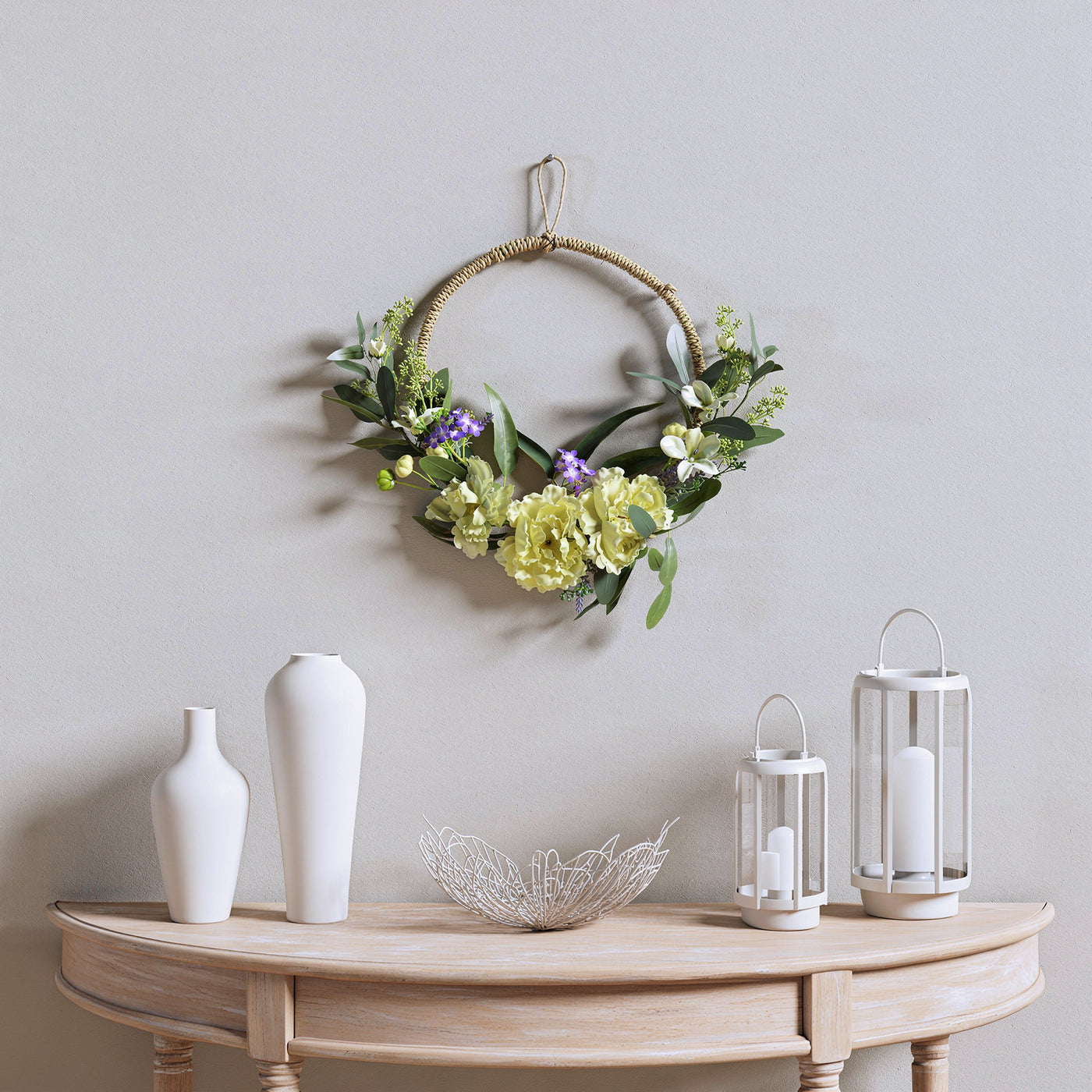 18 in. Spring Hoop Wreath with Peony Flower Blooms, Mini Blossoms, and Flowing Green Stems - National Tree Company