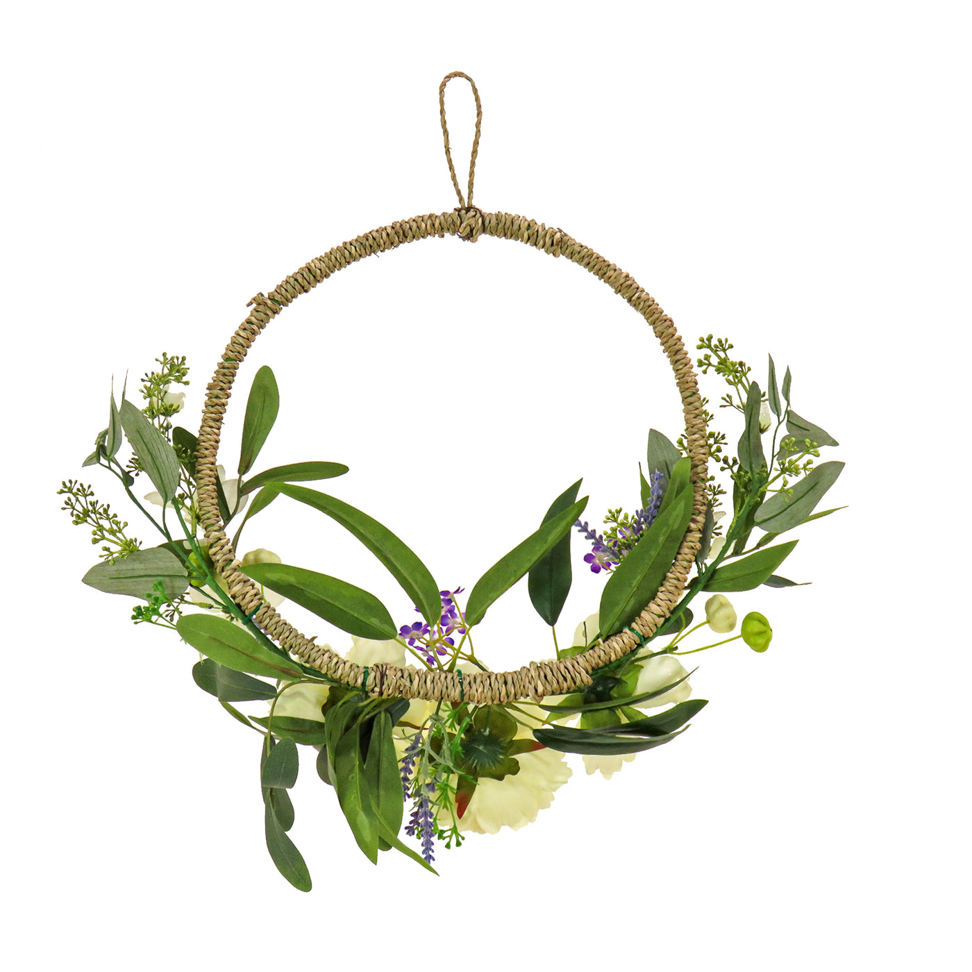 18 in. Spring Hoop Wreath with Peony Flower Blooms, Mini Blossoms, and Flowing Green Stems - National Tree Company