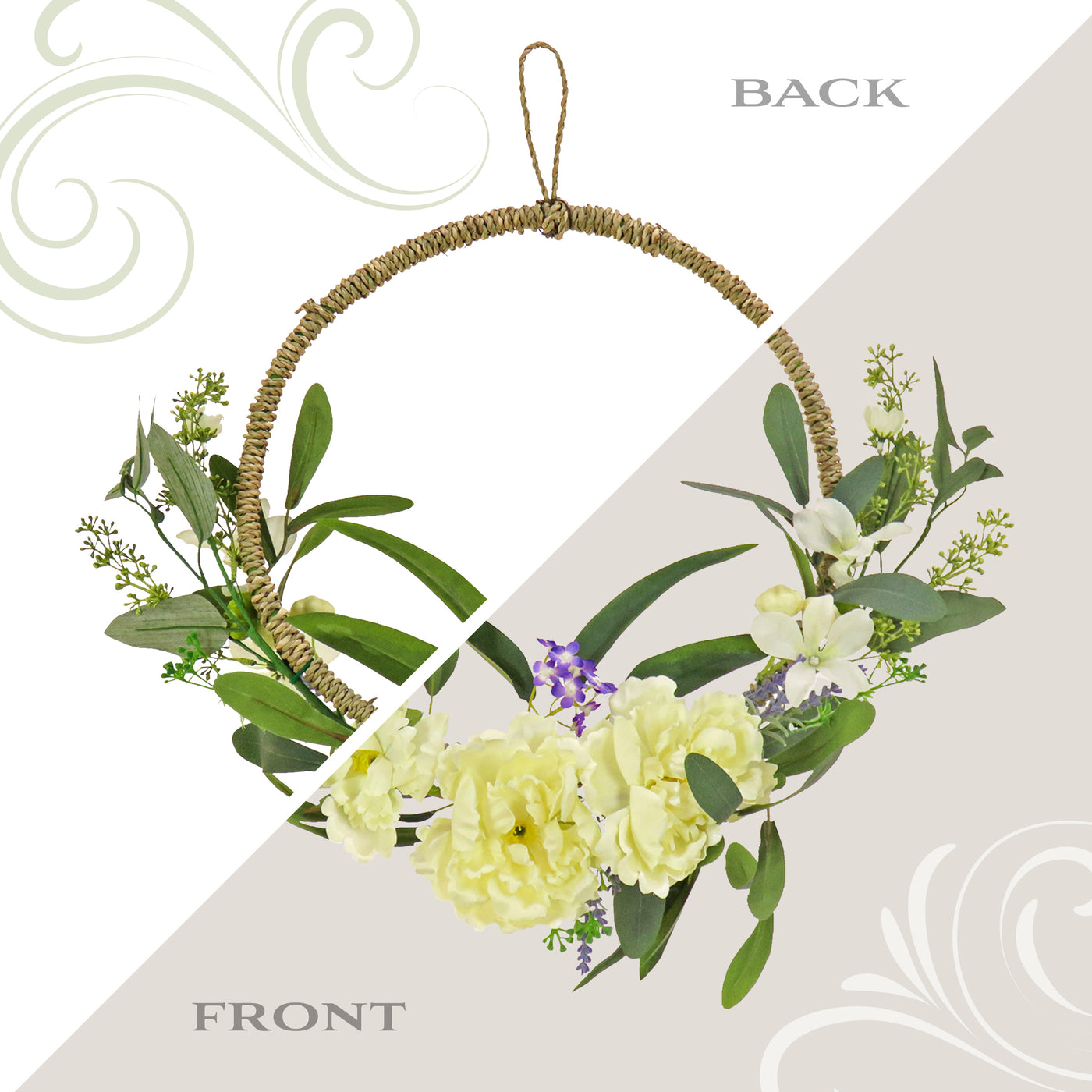 18 in. Spring Hoop Wreath with Peony Flower Blooms, Mini Blossoms, and Flowing Green Stems - National Tree Company