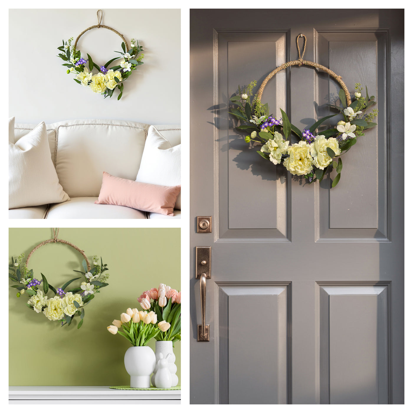 18 in. Spring Hoop Wreath with Peony Flower Blooms, Mini Blossoms, and Flowing Green Stems - National Tree Company