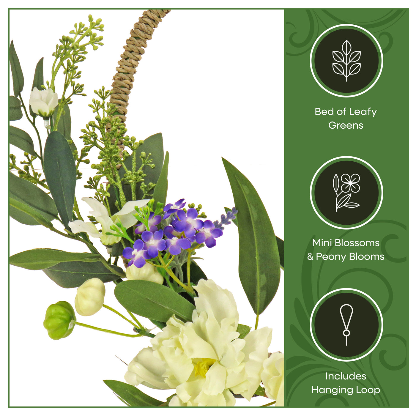 18 in. Spring Hoop Wreath with Peony Flower Blooms, Mini Blossoms, and Flowing Green Stems - National Tree Company