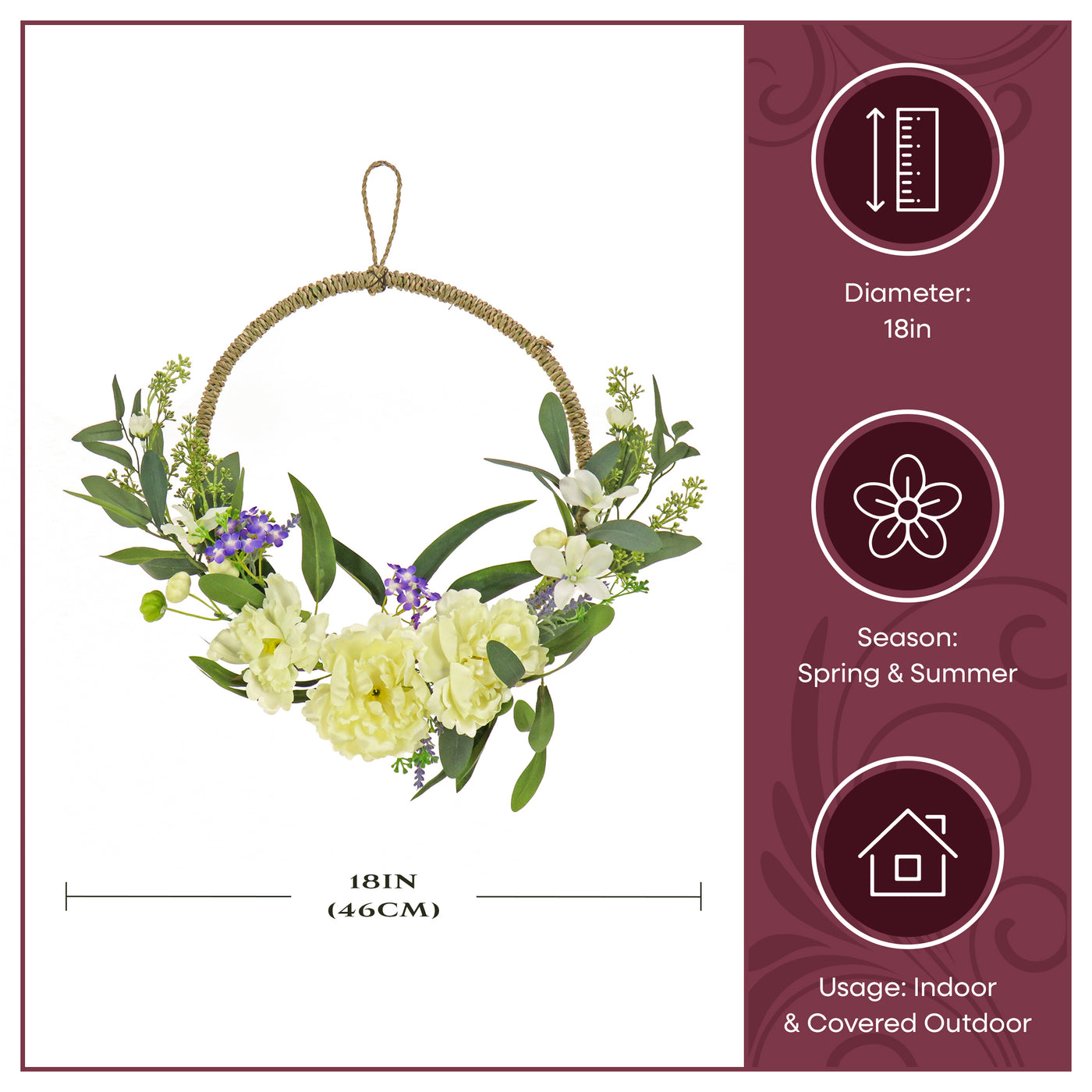 18 in. Spring Hoop Wreath with Peony Flower Blooms, Mini Blossoms, and Flowing Green Stems - National Tree Company