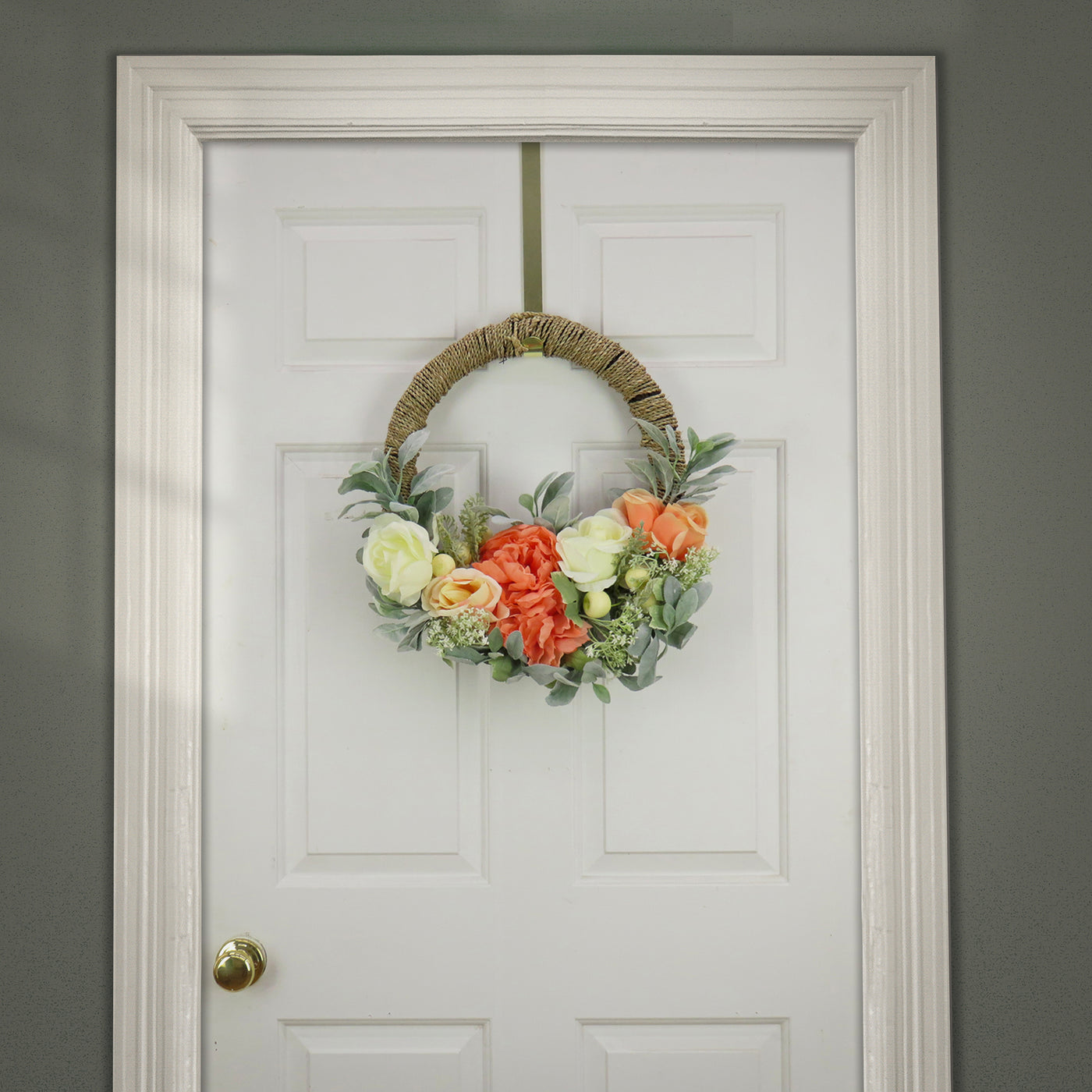 Artificial Wreath Decoration, Pink, Woven Hoop Ring Base, Decorated with Peony, Rose and Lamb's Ear Flower Blooms, Seed Pods, Flowing Green Stems, Spring Collection, 20 Inches - National Tree Company