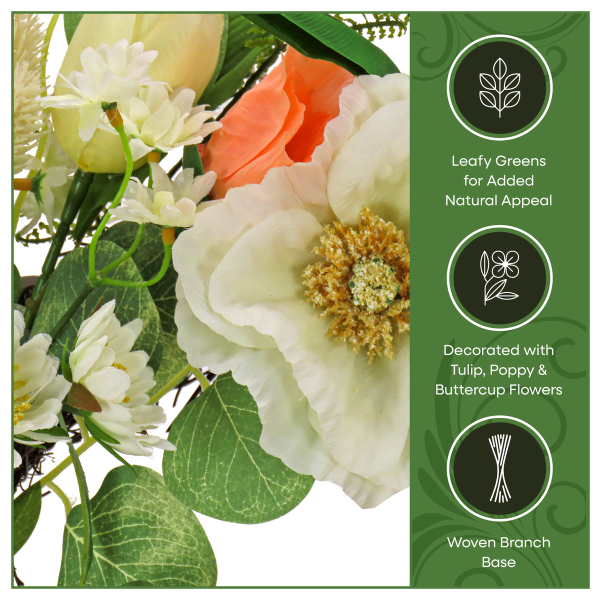22 in. Spring Wreath with Tulip, Poppy, and Buttercup Blooms - National Tree Company