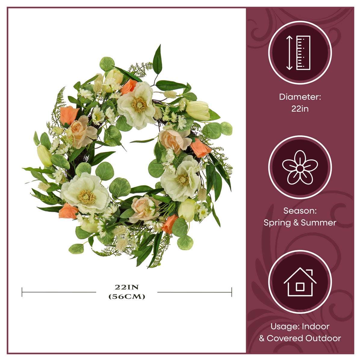 22 in. Spring Wreath with Tulip, Poppy, and Buttercup Blooms - National Tree Company