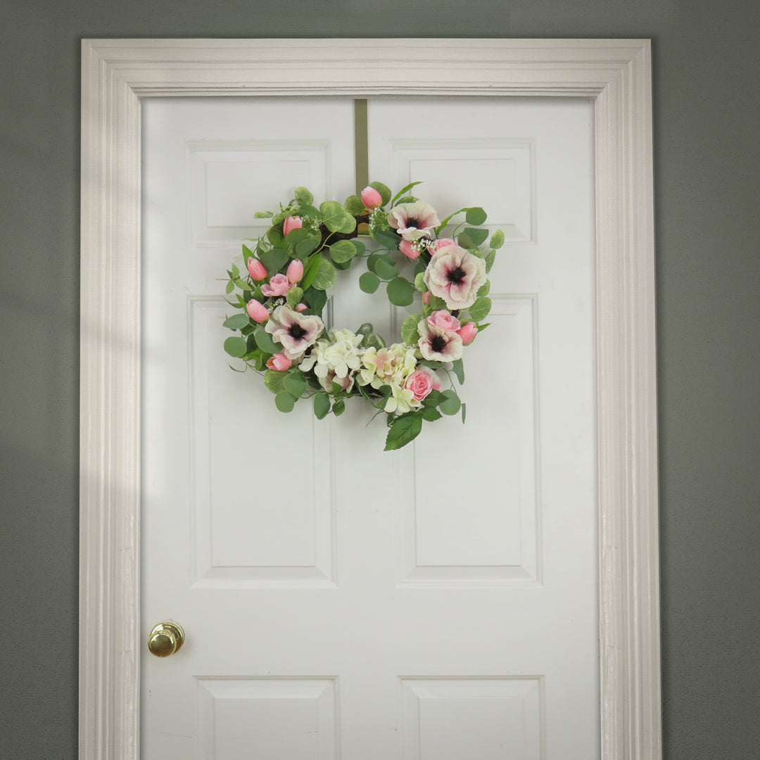 Artificial Wreath Decoration, Pink, Woven Branch Base, Decorated with Hydrangea and Tulip Blooms, Eucalyptus Leaves, Flowing Green Stems, Spring Collection, 22 Inches